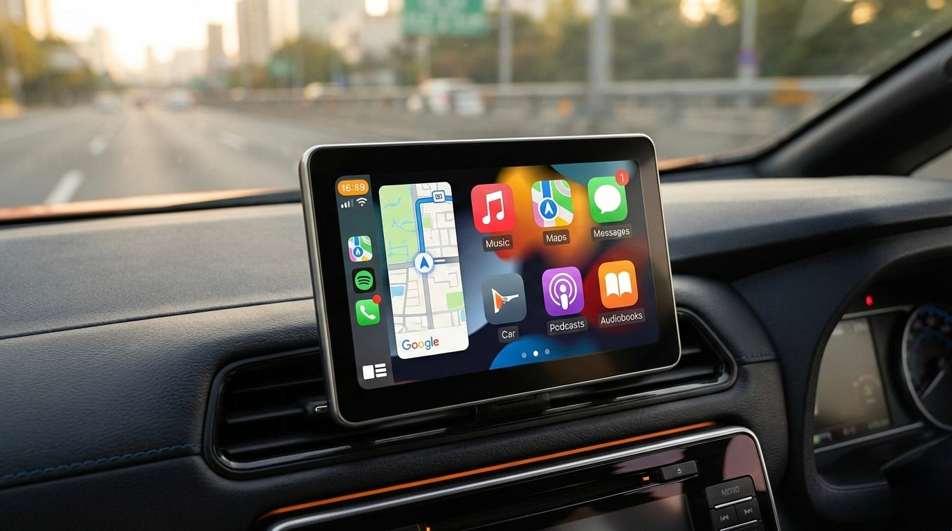 Car dashboard with a tablet displaying app icons, including navigation and music apps.
